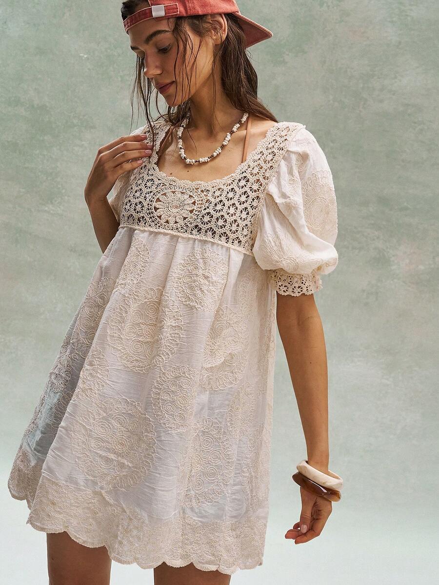 Bohemela Áo kiểu nữ mùa hè dệt kim, cổ vuông, dài, thanh lịch, thêu ren, kiểu dáng cổ điển. - Màu be - Xem 1