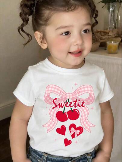 Spring And Summer Casual Fashionable Creative Personalized Fresh Minimalist Cute Cherry Plaid Bow Print Basic White Short T-Shirt, Comfortable Daily Wear For Baby Girls, Cozy Summer And Fall Styles Suitable For Spring, Summer And Autumn
