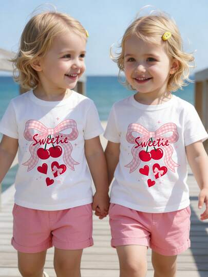 Spring And Summer Casual Fashionable Creative Personalized Fresh Minimalist Cute Cherry Plaid Bow Print Basic White Short T-Shirt, Comfortable Daily Wear For Baby Girls, Cozy Summer And Fall Styles Suitable For Spring, Summer And Autumn