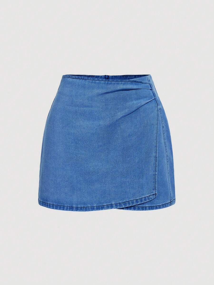SHEIN MOD Chân váy denim ngắn xếp ly nữ, kiểu dáng thường ngày, đa năng, thích hợp cho hẹn hò và đi chơi. - Rửa trung bình - Xem 1