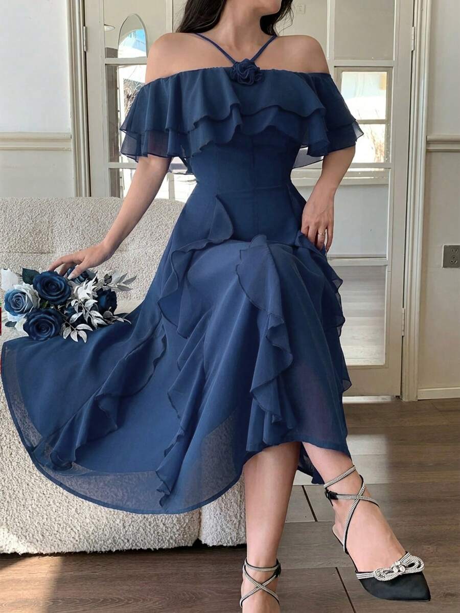 Feyla Gaun Elegan Wanita Warna Polos dengan Dekorasi Bunga 3D, Ruffle, Model Off-Shoulder Halter