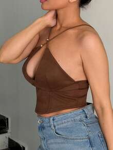 Milla Jasmine Women's Y2K Solid Color Hollow Out Criss-Cross Halter Neck Fitted Sexy Top Fall  Fall  For Women All S Women Fall S For Women Fall S Autumn  Women's Fall  Tops For School Chic Top Concert Women Raves Festival Country Concert Ibizas Nashvilles Western Wear Women Western Boho Streetwear Tropical Gyaru - Khaki - View 5