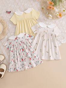 SHEIN Vintaside Kids 3pcs/Set Baby Girl Fresh Cute Floral Patchwork Peter Pan Collar Dress Set, Casual Outdoor Party Social Occasions - Multicolor - View 2