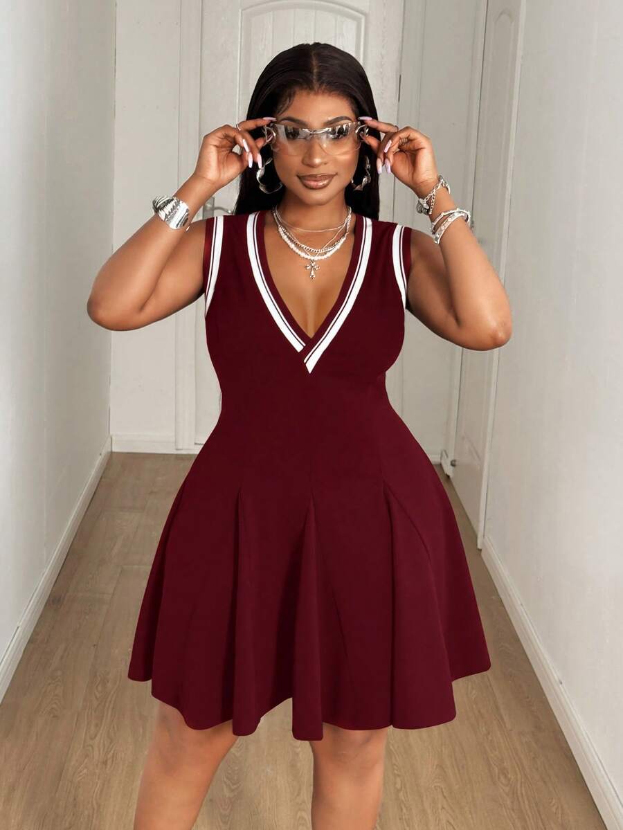 Maweii Plus Size Women Striped V-Neck Casual Sleeveless Dress - Burgundy - View 1