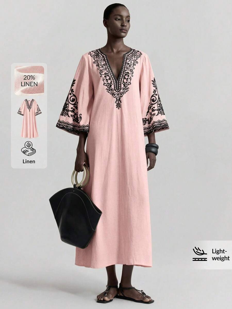 Ontre 2025新款女士夏季长裙，纯色，时尚，适合夏季穿着。黑色刺绣图案，波西米亚风格，喇叭袖，燕麦色宽松舒适长裙，V领，适合派对、度假、海岛度假村、音乐节等夏季场合。 - 粉色 - 查看 1