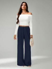 SHEIN Tall Quần ống rộng cạp chun, chất liệu vải nhăn có họa tiết. - Màu xanh hải quân - Xem 5