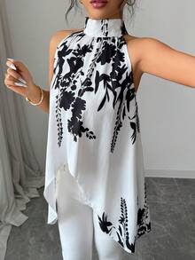 SHEIN Raffinéa 女士不对称下摆印花露背吊带衫 - 黑與白 - 查看 5