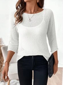Casual Solid Color Sweater, Spring/Summer - White - View 6