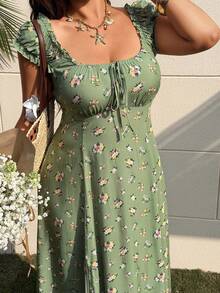 Sunnyshic Ditsy Floral French Collar Slit Dress - Green - View 3