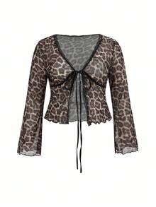 Hourglow 大码女式豹纹网眼系带V领常规版型喇叭袖衬衫 - 彩色 - 查看 5