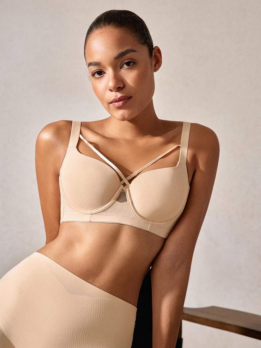 Seamless Floating Cup Bra For Women, Lift & Enhance Bust, Thin Sexy Underwire Bra - Apricot - View 1