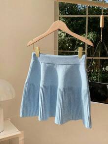 Comfortcana Falda corta de punto de unicolor con cintura elástica, casual, azul claro, primavera/verano - Celeste - Ver 2