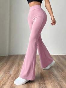 SHEIN EZwear 女士粉色针织修身喇叭裤，夏季阔腿裤，女士高腰阔腿裤，女士喇叭瑜伽裤，女士喇叭打底裤，阔腿瑜伽裤 - 粉色 - 查看 5