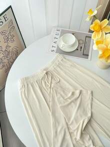 GlowEve High-Quality Silky Loose Wide-Leg Culottes, Casual Versatile Ribbed Straight Leg Pants For Women - Apricot - View 6