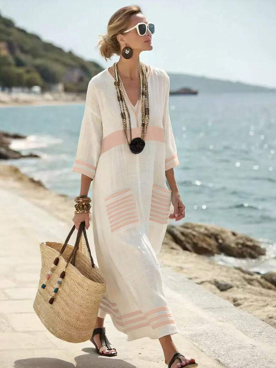 SHEIN Holidaya V领七分袖印花宽松休闲长裙，适合春、夏、秋、冬、新年、万圣节等各种场合，宽松舒适，日常穿着优雅得体，也适合派对、海滩、浪漫约会、时尚休闲通勤等场合。 - 淺粉色 - 查看 1