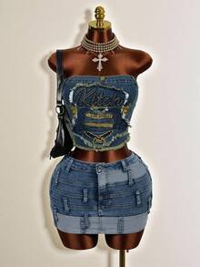Mistrie Áo ống denim ôm sát dành cho nữ, thêu chữ và viền tua rua. - Màu xanh lam - Xem 6