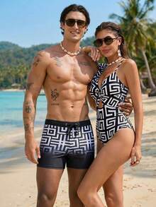 Horizaway 男士几何印花抽绳腰带休闲泳裤 - 黑與白 - 查看 1