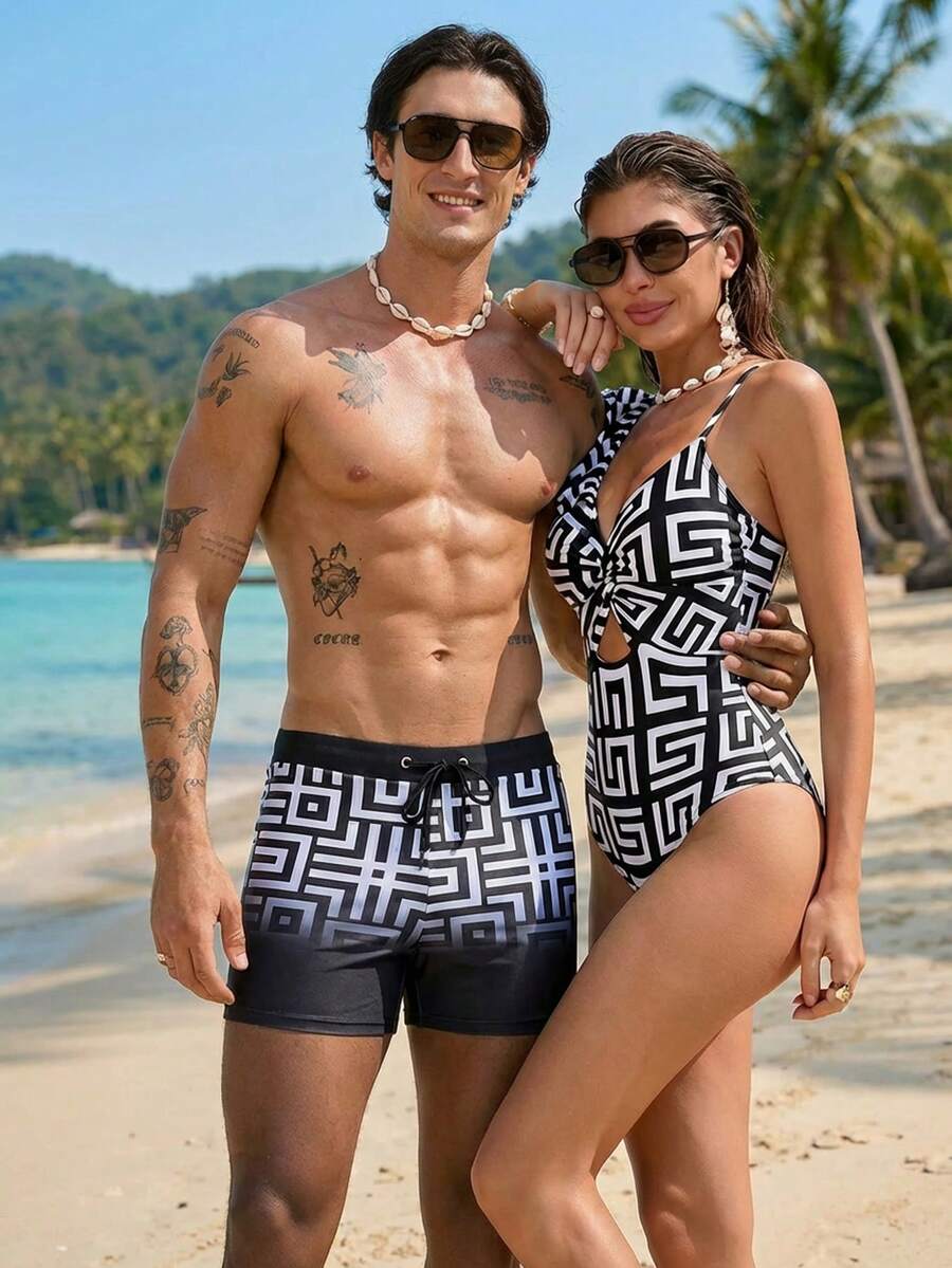 Horizaway 男士几何印花抽绳腰带休闲泳裤 - 黑與白 - 查看 1