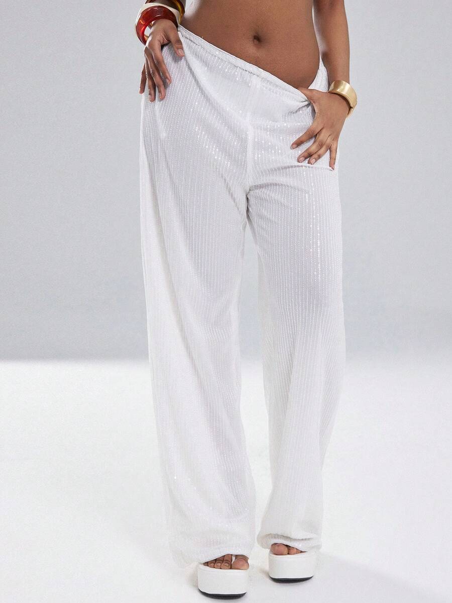 Coolane 女士夏季度假装扮 沙滩装扮 时尚派对嬉皮风针织亮片直筒米色裤 - 彩色 - 查看 1