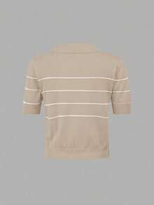 BizChic Women's Polo Collar Knit Top,Beige,Summer,Elegant And Classy,Everyday,Back-To-School,Business Casual Office Outfits,Versatile Retro Striped Blouses - Khaki - View 9