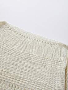 SHEIN Franclia Nouveaux hauts d'été pour femmes, tenues de vacances pour femmes, tenues de vacances pour femmes, Top poncho en tricot ajouré blanc pour femmes - encolure bateau, ourlet asymétrique, rayures horizontales et détails d'œillets, charme bohème côtier et style de superposition décontracté - Nude - Voir 7
