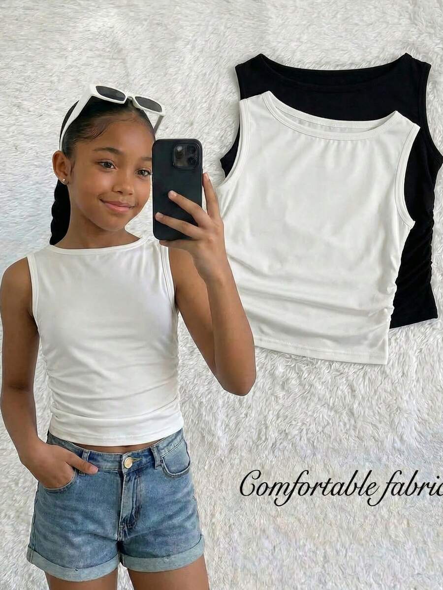 2pcs/Set Tween Girls All-Match Casual Sleeveless Crew Neck Cropped Fitted Knit Tank Tops, Suitable For Daily, Vacation, Homewear, Spring/Summer - White - View 1