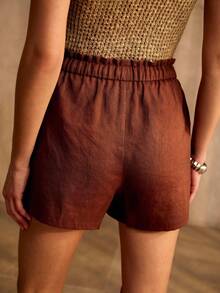 PREMIUM 女士弹力腰带抽绳休闲短裤，适合春夏穿着，通勤和时尚百搭 - 鏽棕色 - 查看 3