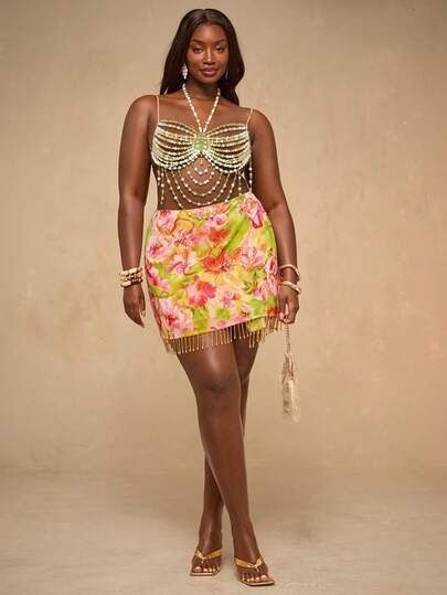 SHEIN BAE Plus Size Women Green Printed Short Tie-Waist Beaded Mini Skirt,Summer Outfit For Women,Spring Clothing,Festival Skirt,Easter Skirt Women,Elegant Skirt,Beach Outfit,Plus Size,Curve,Holiday Skirt,Y2k,Fringe  Skirt,Beach Cover-Up Skirt