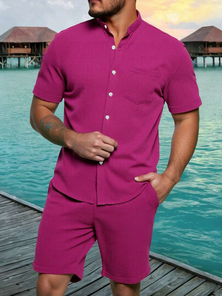 Genlund Setelan Pria Polos Minimalis untuk Pakaian Sehari-hari, Atasan Lengan Pendek dan Celana Pendek 2 Potong, Cocok untuk Liburan - Red Violet - View 1