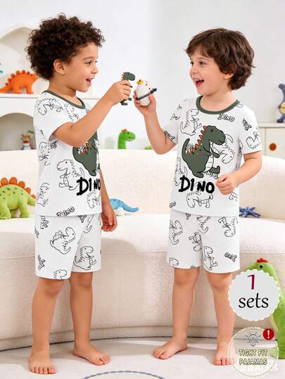 一套男童卡通恐龙印花圆领紧身短袖短裤睡衣套装，春夏款