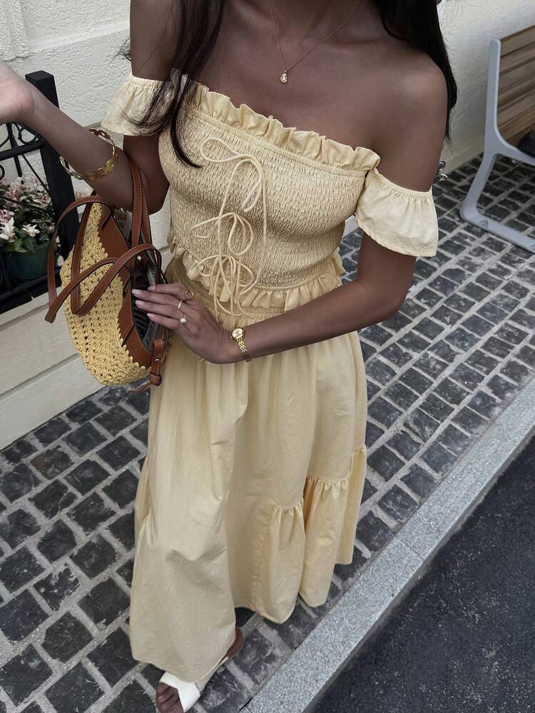 Women's Summer Simple Solid Color Tie Bow Decor Off-Shoulder Top And Skirt 2-Piece Set