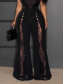 SHEIN PETITE CURVE Plus Size Women's Black Lace Patchwork Pants,Elegant Summer High Waist Wide Leg Flare Palazzo Slacks,Hollow Mesh Rave Nightclub Wear,Formal Long Pants - Black - View 3