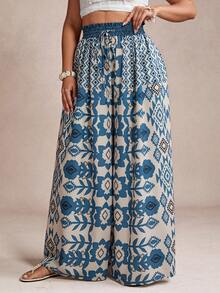 Enliva Plus Size Women's Paper Bag Waist Tied Loose Wide Leg Pants Valentine's Day, For Apple And Rounded Body Shape - Blue and White - View 4