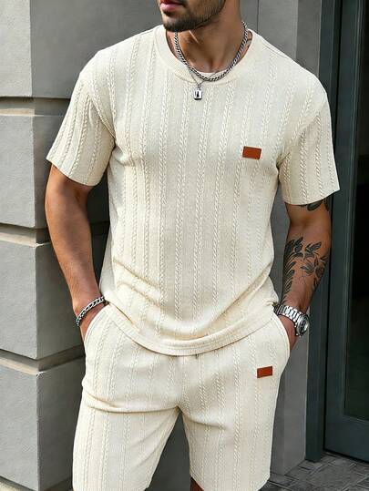 Manfinity CasualCool Men's Graphic Print Short Sleeve T-Shirt And Shorts Casual Set,Men Old Money,Daily Leisure, Weekend Trips, Outdoor Activities, Travel Expeditions, Relaxed Work Environments Or Semi-Formal Occasions, Boyfriend/Husband Gift, Anniversary /Birthday Gift Party Summer Vacation Holiday,Wedding,Spring To Summer,Easter,Men's Cream Knitted Short Sleeve T-Shirt And Shorts Set Casual Summer Outfit Textured Lounge Wear,Knit Two Piece Set Men,Men Two Piece Set Summer,Cream Outfit Men,Men Summer Sweatsuit