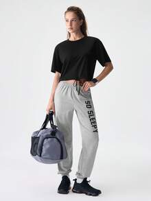 SHEIN 落肩抽绳下摆 T 恤和字母图案裤休闲套装 - 彩色 - 查看 5