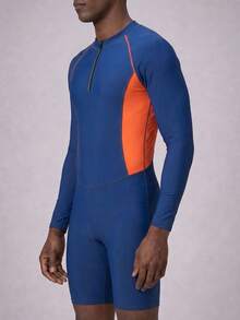 ZELFYO Men's Contrast Color Minimalist Daily Wear Zipper Long Sleeve Swimsuit - Dusty Blue - View 3