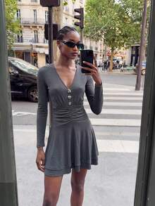 Maija Outfit Deas Of  Dress,Women's Solid Color V-Neck Long Sleeve Cinched Waist Ruched Mini Dress, Elegant Party Dresses For Women ,Work Outfits For Women - Dark Grey - View 3