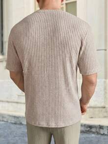 Camiseta casual de algodón con textura acanalada clásica unicolor para hombres - Beis - Ver 2