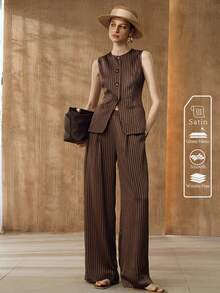 Arave 女士高腰条纹褶裥阔腿休闲工作裤 - 駝色 - 查看 7
