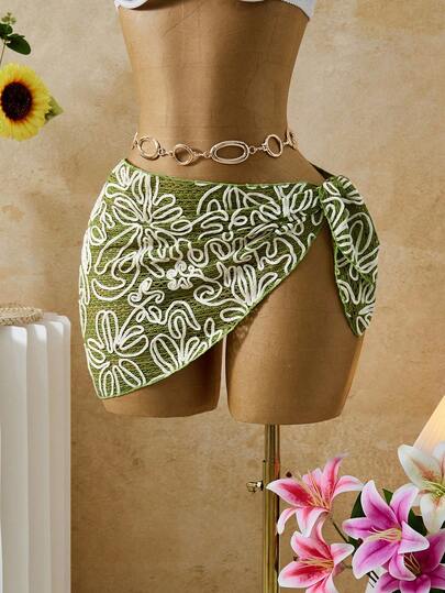 Bellisia 女士绿色钩编纹理面料三角裙，甜美海滩度假罩衫，春夏款