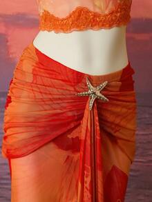 Femesol 女士时尚优雅休闲度假海星印花不对称开衩长裙橙色半身裙橙色沙滩美人鱼裙女士沙滩派对服装橙色沙滩裙女士夏季服装女士沙滩服装黄色罩裙女士沙滩服装 - 彩色 - 查看 4