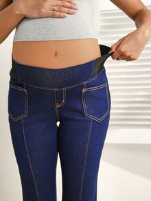 SHEIN Quần jean denim màu tối thời trang dành cho bà bầu - Rửa tối - Xem 6