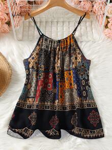 SHEIN CURVE+ 加大码 US22 音乐节、海滨度假、波西米亚风女士夏季复古印花吊带背心，艺术文艺复兴集市吊带背心，音乐节 - 彩色 - 查看 2