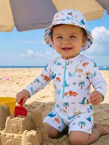 SHEIN GraphicGems Newborn Shark & Whale Print Long Sleeve Zipper Rash Guard Swimsuit Dinosaur Baby Clothes Baby One Piece Rash Guard With Hat Baby Clothing Dinosaur 3 Pc Swimsuit And Swim Hat With Drawstring Summer Baby Clothes Long Sleeve Animal Safari Baby Clothes - Multicolor - View 3