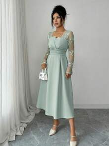 Modelyn Women's Floral Embroidery Ruched Waist Elegant Midi Dress For Party,Dresses For Women Elegant - Green - View 6