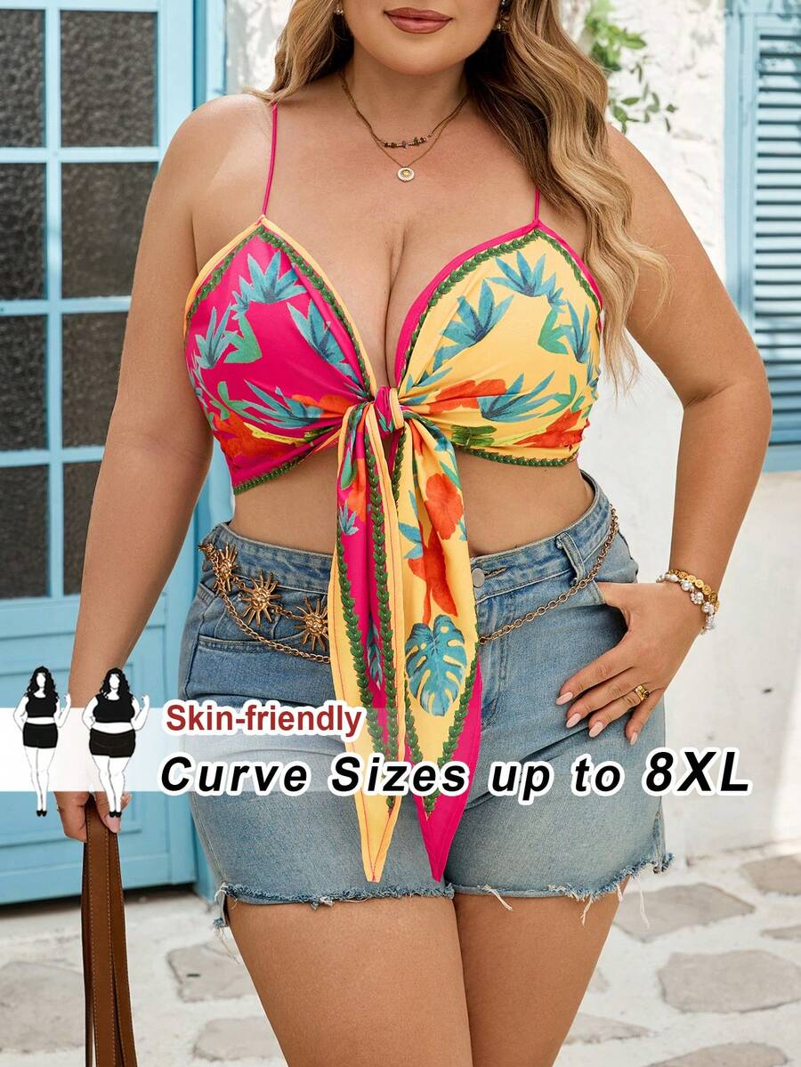 SHEIN CURVE+ Camiseta corta con estampado de plantas tropicales y detalle de torsión, estilo sexy de vacaciones para mujer de talla grande - Multicolor - Ver 1
