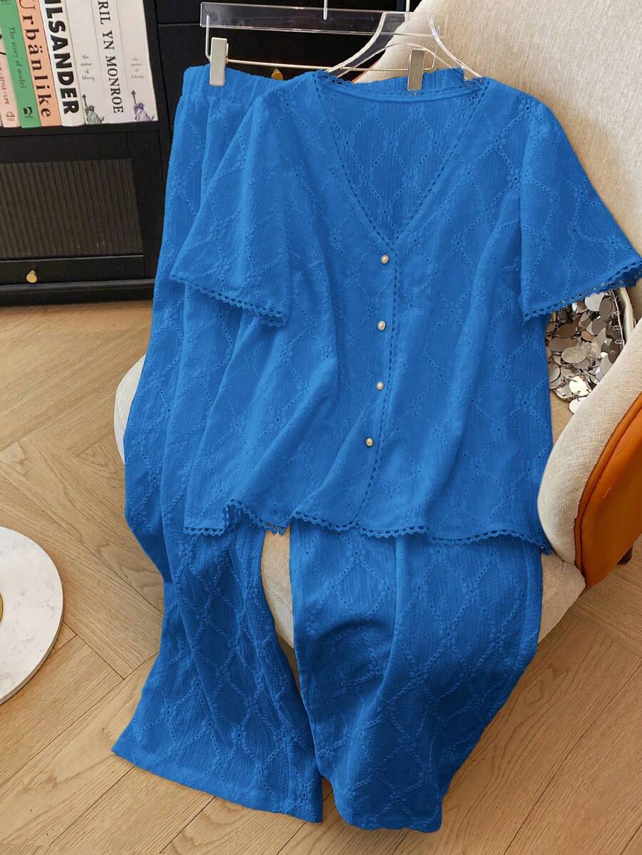 SHEIN LUNE Plus Size Elegant Jacquard Knit Lace Trim Casual Commuter Jacket & Pants Set, Suitable For Party, Afternoon Tea, Spring & Summer - Blue - View 1