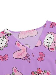 PopScrub Women's Purple V-Neck Short Sleeve Scrub Top,Rabbit & Bow Cute Cartoon Pattern Nurse/Doctor/Vet Uniform,Multi-Pocket Summer,Maid,Work Wear,Adorable - Purple - View 3