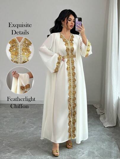 Elenzga Vestido maxi elegante de mujer con cuello en V, decoración de flores doradas y cuentas en la cintura, volantes y tela brillante sin mangas. Incluye chaqueta de manga larga de gasa. Adecuado para banquetes, fiestas y ocasiones importantes. Conjunto de 2 piezas