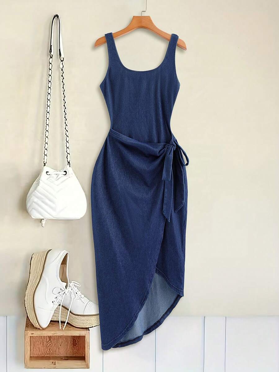 EMERY ROSE Đầm denim nữ mùa hè kiểu dáng bất đối xứng, buộc dây, không tay. - Màu xanh lam - Xem 1